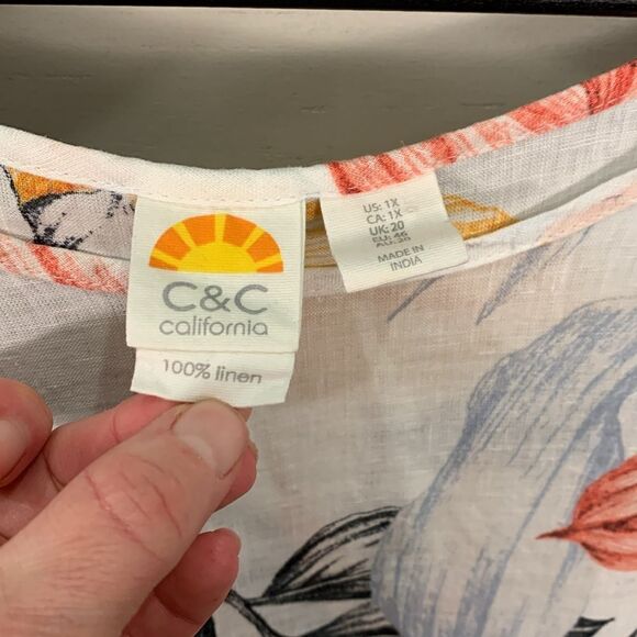 C&C California 100% linen tropical floral print tunic size 1X Hawaiian vacation - Picture 4 of 6